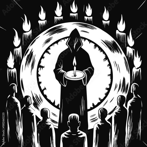 A shadowy figure holding a lit candle in the center of a ritual circle.