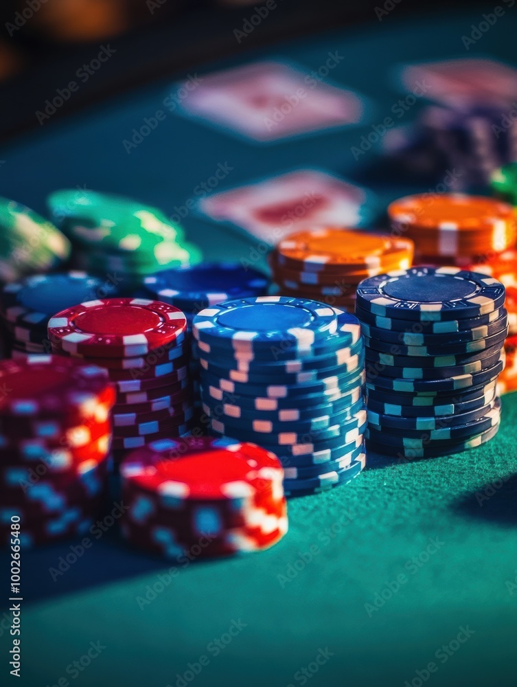 A vibrant casino table displaying colorful stacks of poker chips during an exciting evening of card games. Generative AI A vibrant casino table displaying colorful stacks of poker chips during an exciting evening of card games. Generative AI