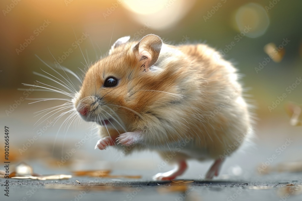 Side view of a hamster running, hamster's fluffy fur in detail, Hamster illustration Side view of a hamster running, hamster's fluffy fur in detail, Hamster illustration