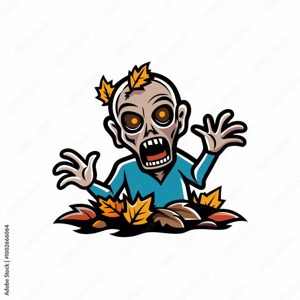 Fototapeta premium A zombie rises from the ground, its decaying flesh exposed, amidst a backdrop of vibrant autumn foliage.