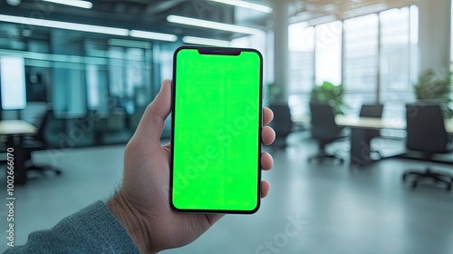 A professional hand holding a smartphone with a green screen mockup in a corporate office setting, ideal for showcasing video calls or app designs in a business environment.