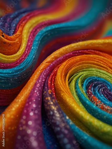 Vivid abstract fabric swirl with bright colors and dynamic patterns.