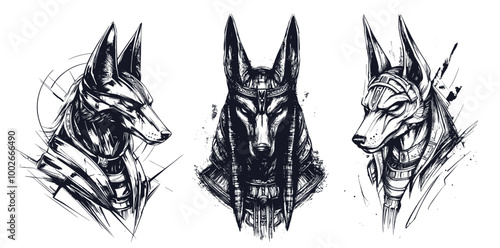 Anubis tattoo sketches. Egyptian god of death dog head ink sketch, myth jackal face portrait egypt mythology religion gods vintage drawing pharaoh mascot vector illustration