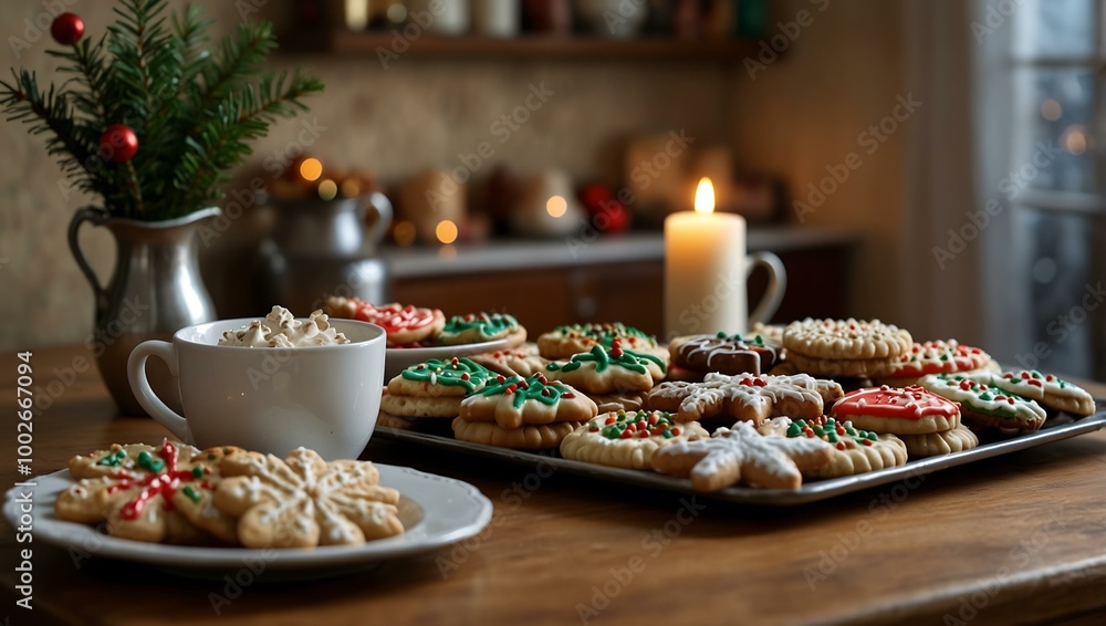 Warm kitchen scene filled with festive Christmas cookies and holiday cheer. Warm kitchen scene filled with festive Christmas cookies and holiday cheer.