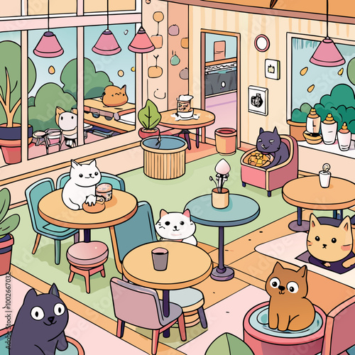 A cozy cat cafe filled with natural light, soft music, and playful cats. Customers are enjoying tea and pastries while interacting with the felines.
