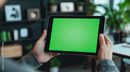 A student uses an iPad with a green screen mockup for an online class or video call, seated in a professional office environment, emphasizing digital learning tools.