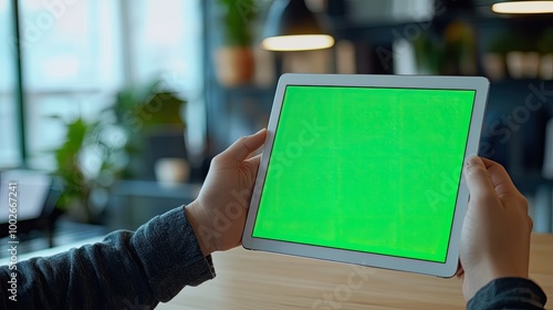 A student hands using an iPad with a green screen mockup, set in a bright, professional office, perfect for virtual learning, video calls, or app demonstrations in an academic setting.