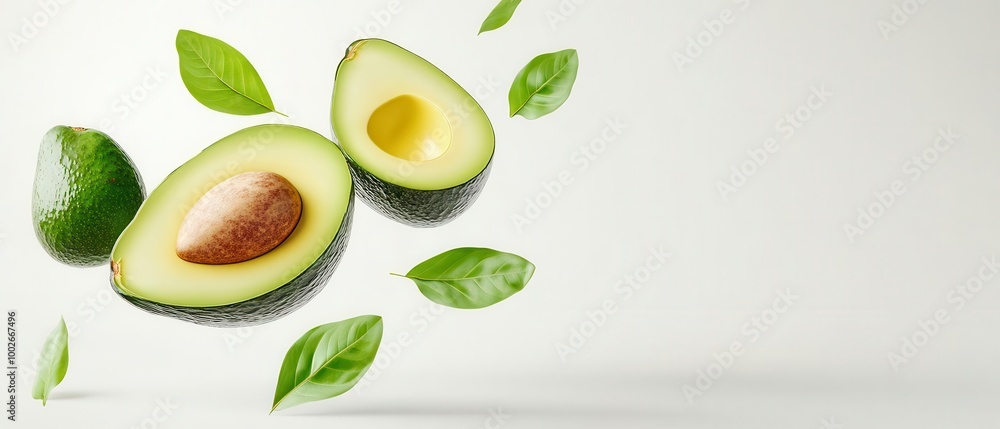 Sliced avocado with floating leaves, suspended midair on a seamless white background, fresh and organic Sliced avocado with floating leaves, suspended midair on a seamless white background, fresh and organic