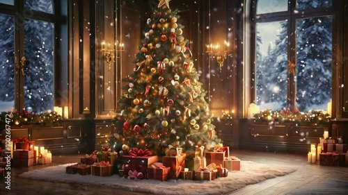 Grand Ballroom with Decorated Christmas Tree in Festive Style. Elegant and Joyful Holiday Scene for Celebration and Seasonal Concepts
