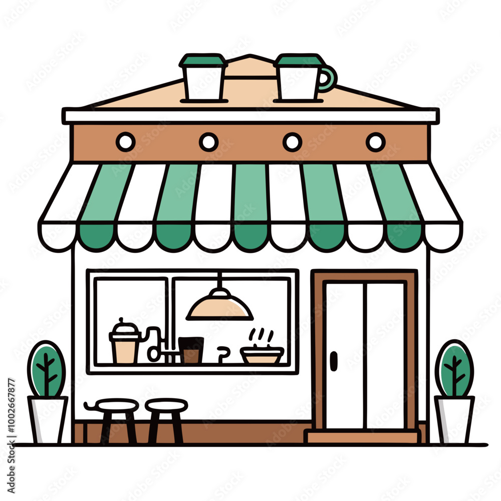Obraz premium Hand-drawn illustrations of coffee shop interiors and exteriors.