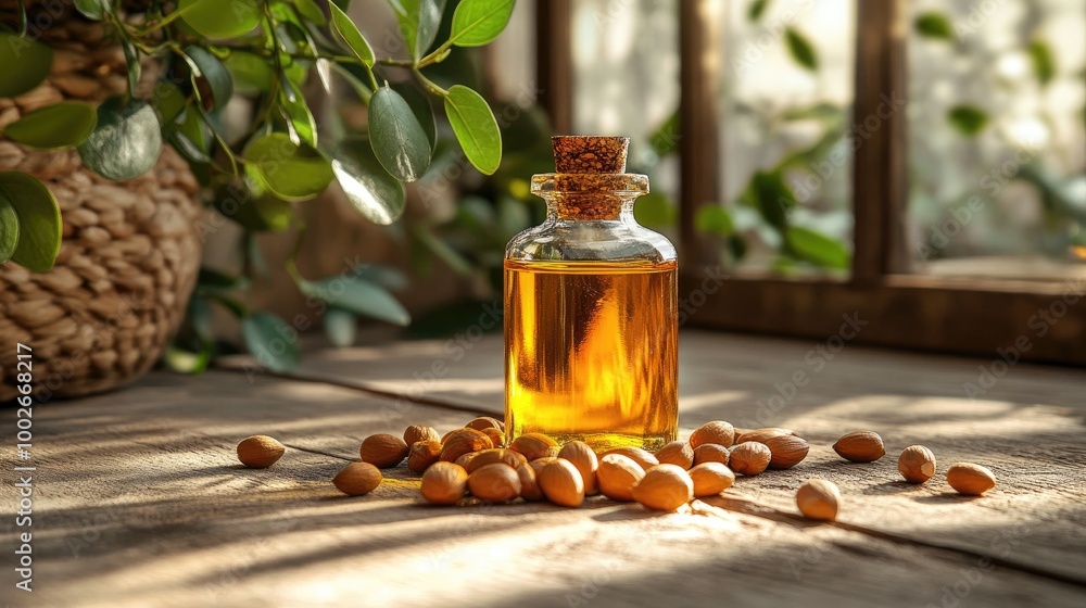 Argan oil bottle next to scattered amber nuts, set against a rustic wooden table and natural greenery in the background, conveying a natural, earthy feel. Argan oil bottle next to scattered amber nuts, set against a rustic wooden table and natural greenery in the background, conveying a natural, earthy feel.