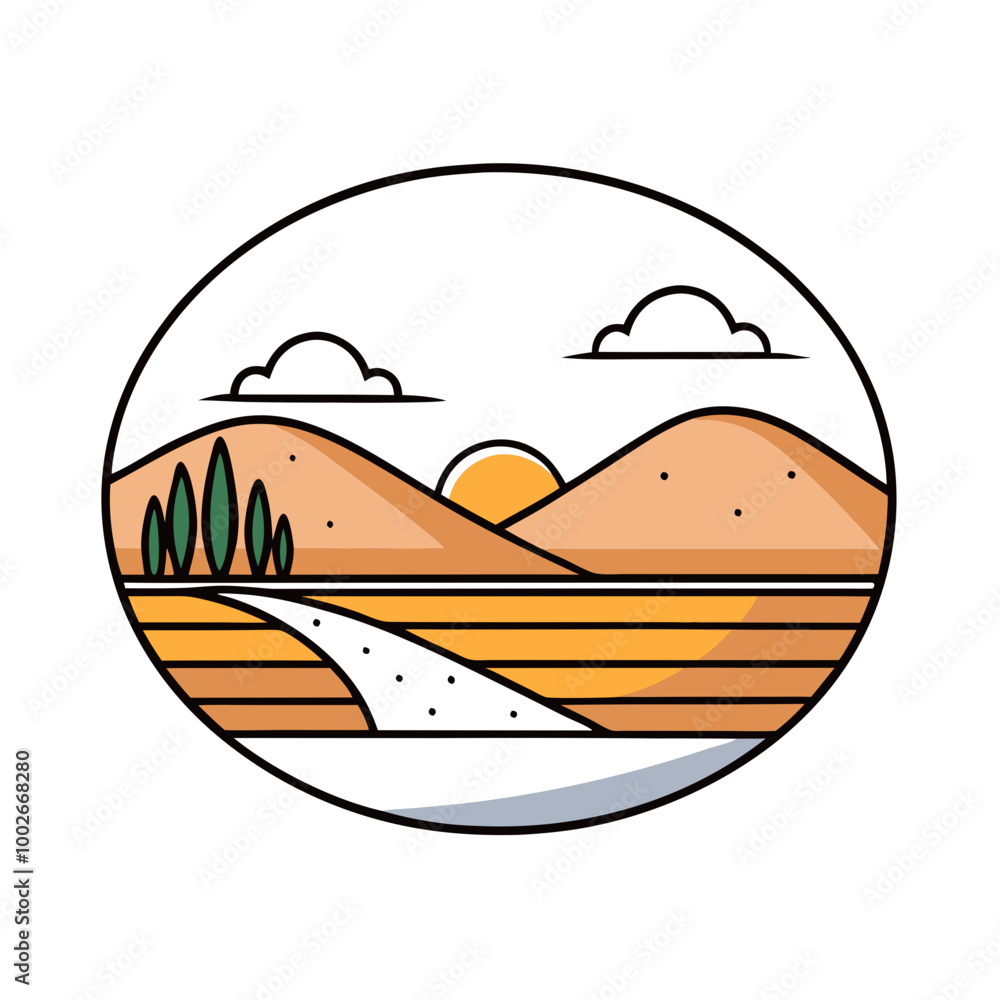 Naklejka premium A minimalist landscape with a sunset gradient, featuring a single, silhouetted mountain range in the distance.