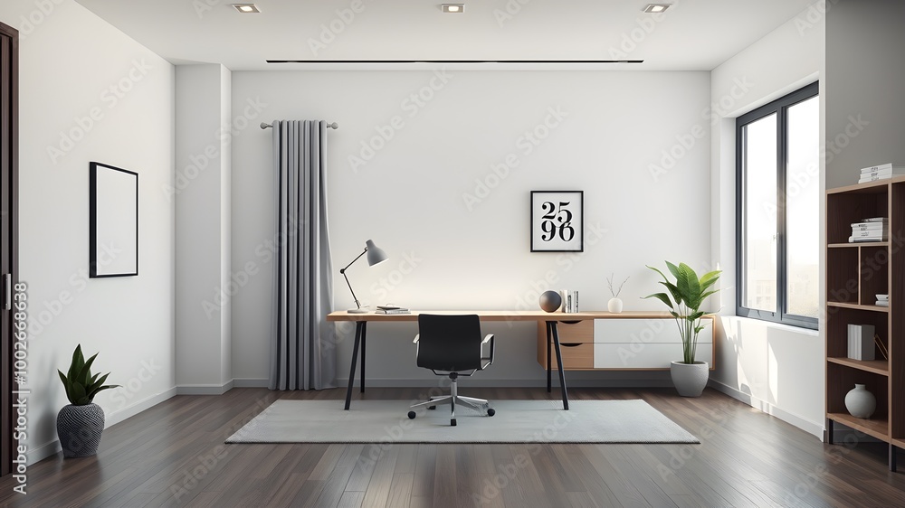 Home office with wide wall mock-up and minimalist design Home office with wide wall mock-up and minimalist design