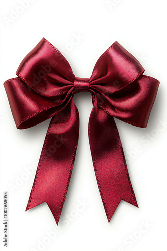 Decorative shiny atlas red ribbon with bow isolated on white background. Red band satin strip for Valentine's, birthday gift. Wrapping for Christmas party, Father's, Women's day gift. Black friday 