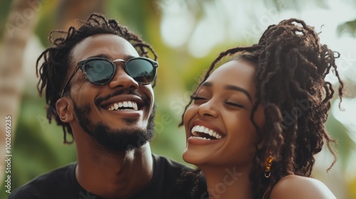 A black couple laughing together, capturing the joy and connection in their expressions during an outdoor date