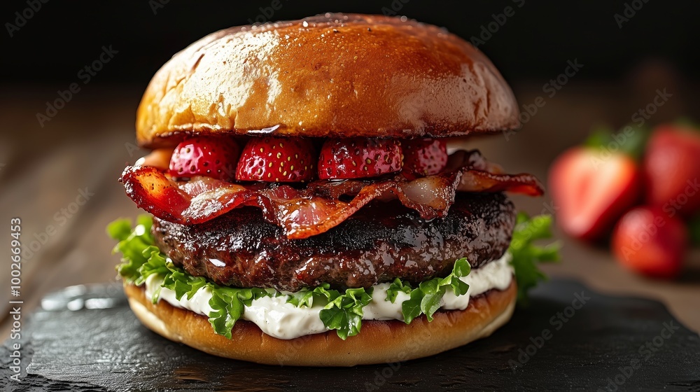 A burger with bacon, balsamic strawberries and cream cheese on an oversized bun. Shot from the side A burger with bacon, balsamic strawberries and cream cheese on an oversized bun. Shot from the side