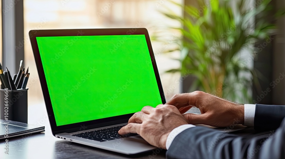 Close-up of an anonymous businessman hands working on a laptop with a green screen mockup, in a bright, professional office, ready for a virtual meeting or presentation.