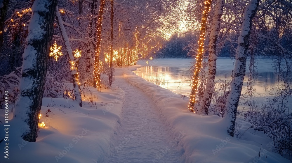 A serene winter scene with snow-covered trees and walking path illuminated by festive lights, evoking a magical holiday atmosphere. A serene winter scene with snow-covered trees and walking path illuminated by festive lights, evoking a magical holiday atmosphere.
