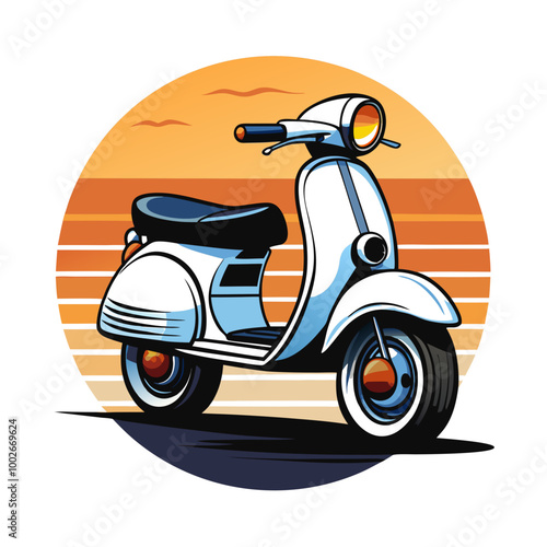 A classic scooter, parked on a cobblestone street, bathed in warm, golden sunlight.