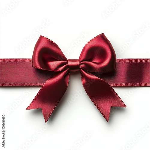 Decorative shiny atlas red ribbon with bow isolated on white background. Red band satin strip for Valentine's, birthday gift. Wrapping for Christmas party, Father's, Women's day gift. Black friday 