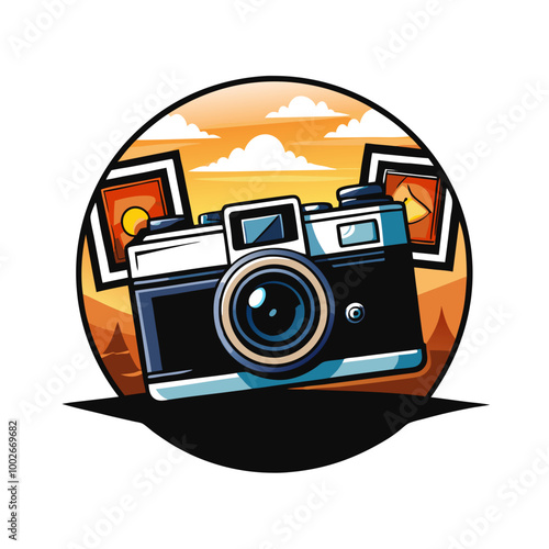 A vintage camera with a retro aesthetic, capturing a scene filled with photography themes like film rolls, old lenses, and vintage lighting equipment.