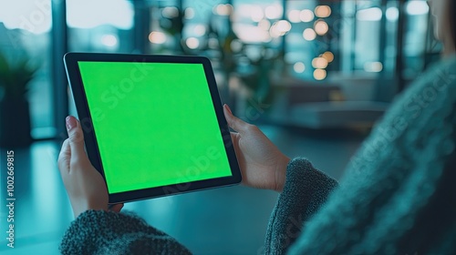 Close-up of an anonymous student using an iPad with a green screen mockup for a video call in a sleek modern office, illustrating the intersection of education and technology.