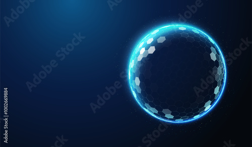 Abstract illustration of protection shield barrier in low poly style. Blue geometric background depicting health care medical or tech protection concept by wireframe connection structure