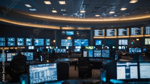 The command center features numerous computer workstations and large screens displaying real-time data during an emergency response 