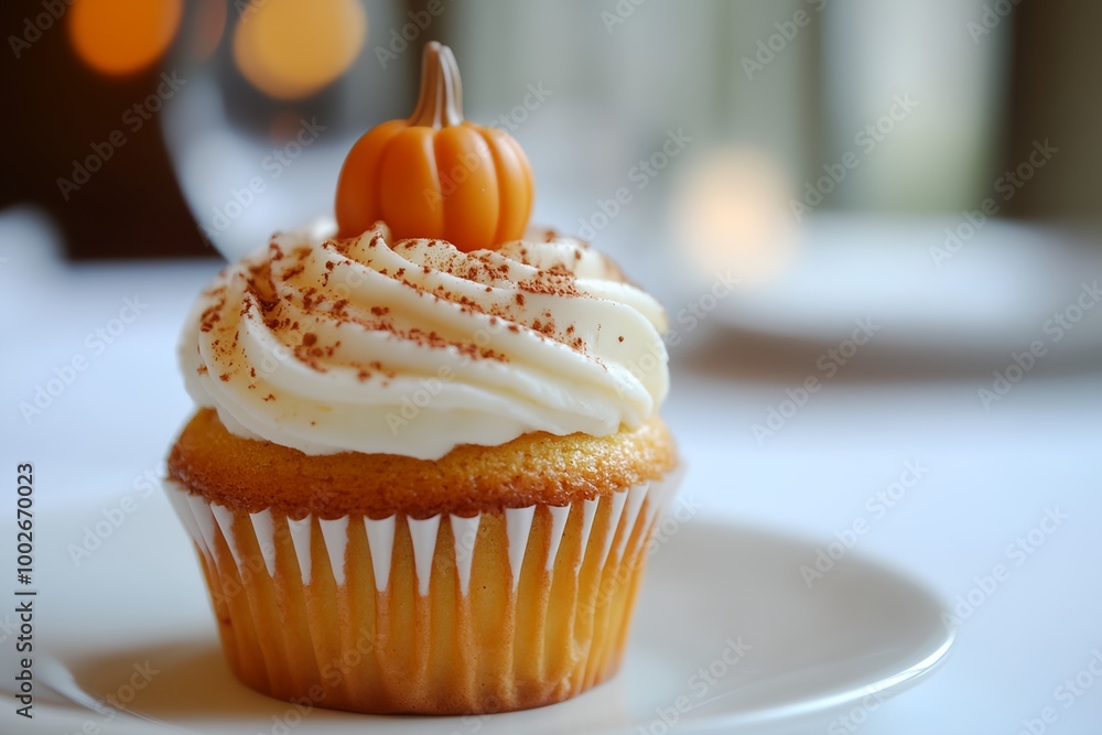 A pumpkin is on top of a cupcake. The cupcake is decorated with frosting and has a pumpkin on top A pumpkin is on top of a cupcake. The cupcake is decorated with frosting and has a pumpkin on top