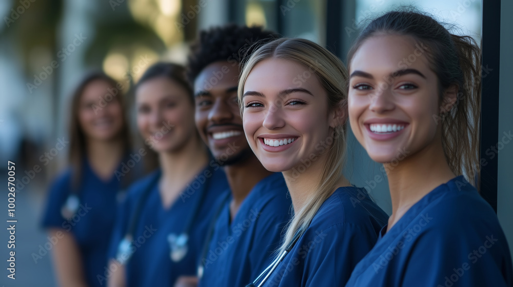 A group of smiling nurse students wearing scrubs, in the background is an orthopedic center where they stand waiting to help patients. A group of smiling nurse students wearing scrubs, in the background is an orthopedic center where they stand waiting to help patients.