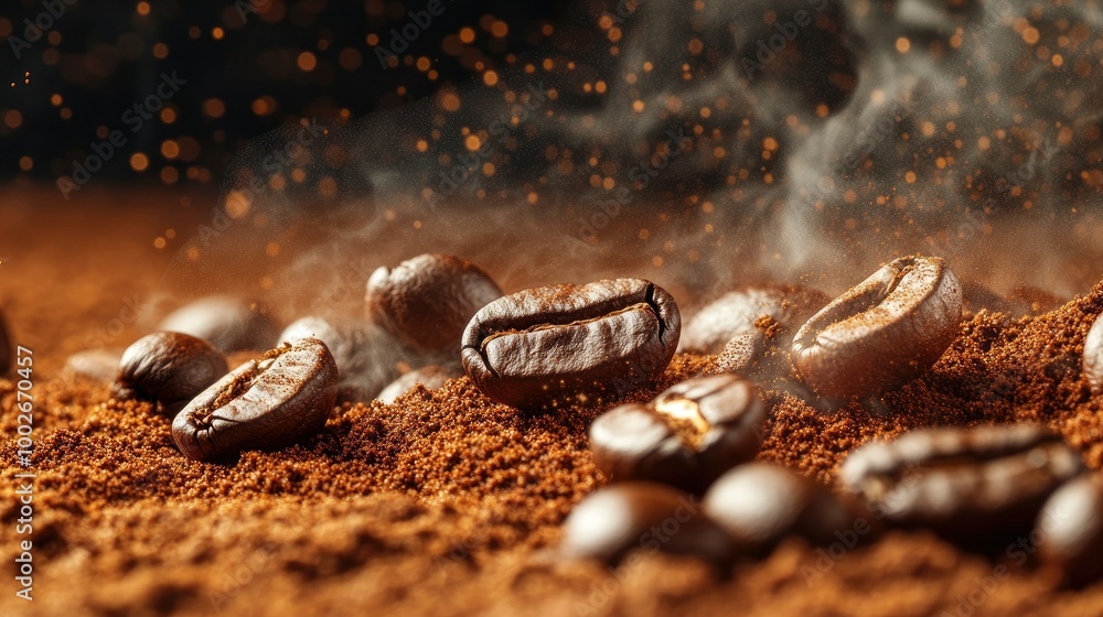Freshly roasted coffee beans in motion, with rising steam and scattered ground coffee creating a rich, aromatic scene. Freshly roasted coffee beans in motion, with rising steam and scattered ground coffee creating a rich, aromatic scene.