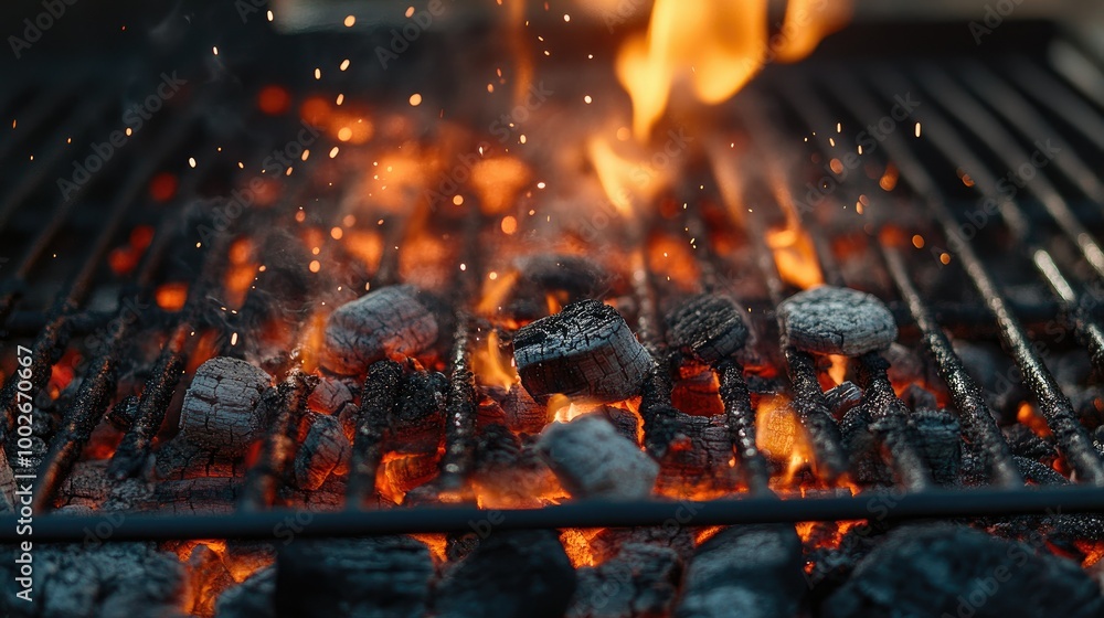 Glowing coals beneath a hot metal grill with intense heat radiating, perfect for a barbecue scene. Glowing coals beneath a hot metal grill with intense heat radiating, perfect for a barbecue scene.