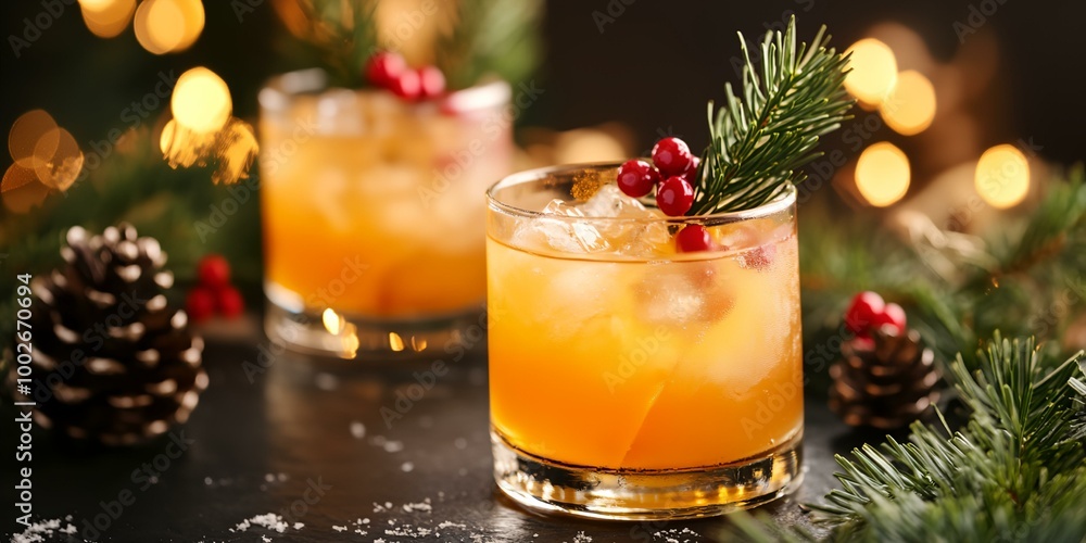 Two glasses of a drink with berries on top, one of which is almost empty. The drink is in a festive setting with pine needles and berries Two glasses of a drink with berries on top, one of which is almost empty. The drink is in a festive setting with pine needles and berries