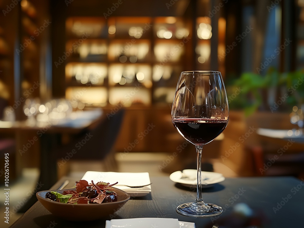 A wine glass is on a table with a salad and a bowl of food. The wine glass is half full and the salad is on a plate. Scene is relaxed and casual