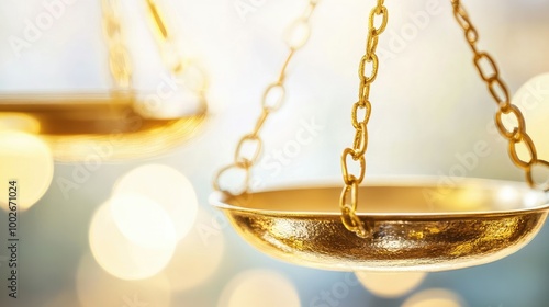 Gold justice scales, captured up close, with the weights in perfect balance and a blurred background.