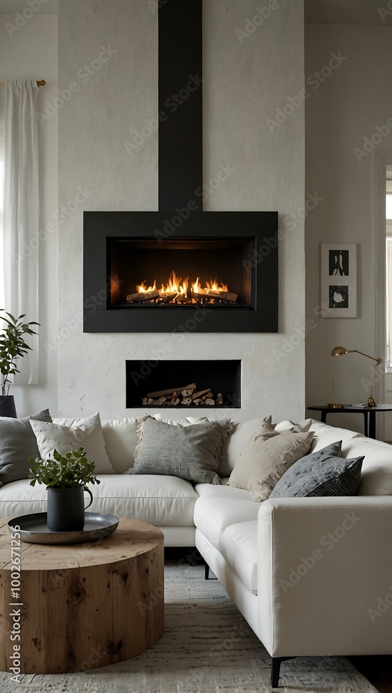 White corner sofa by a fireplace in a modern Scandinavian living room. White corner sofa by a fireplace in a modern Scandinavian living room.