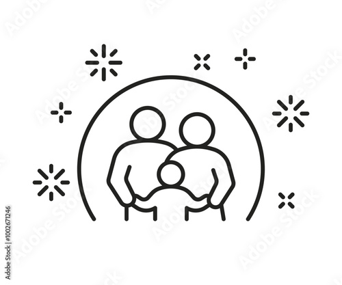 Healthy family with immune protection, line icon. Protective barrier. Parents and child are safe. Happy parents with children are protected from viruses and bacteria. Vector flat illustration
