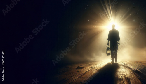 A man walking from darkness to light with an old lantern in his hand
