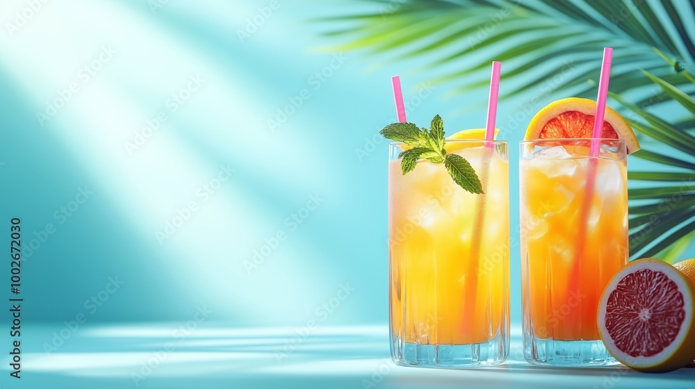 An advertising photograph of three tropical cocktails with fruit garnishes, arranged on the right side against a light blue background. An advertising photograph of three tropical cocktails with fruit garnishes, arranged on the right side against a light blue background.