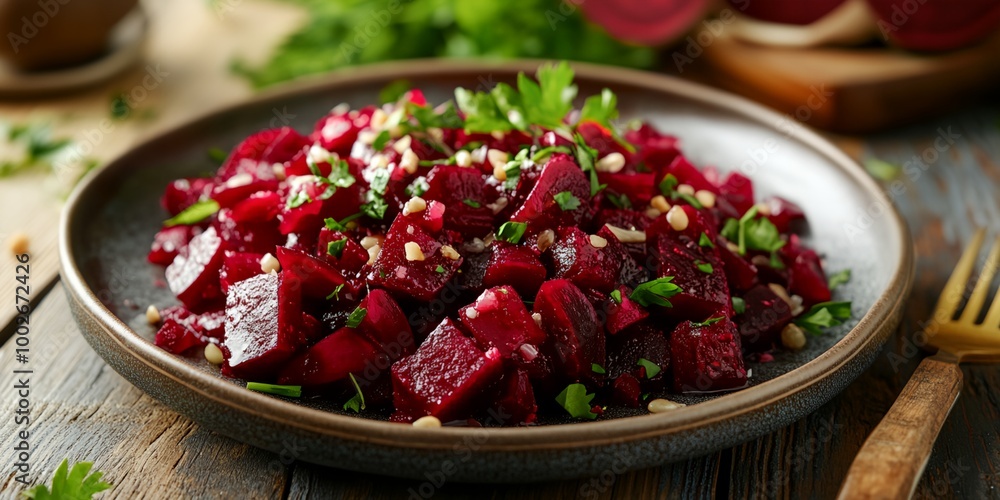 A plate of food with beets and parsley on it. The plate is on a wooden table A plate of food with beets and parsley on it. The plate is on a wooden table