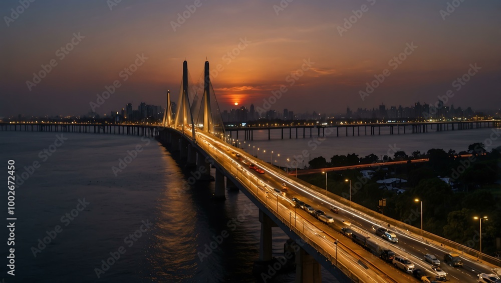Fototapeta premium Wide-angle shot of Mumbai’s Bandra Worli Sea Link during sunset.