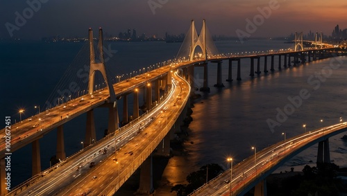 Wide-angle shot of Mumbai’s Bandra Worli Sea Link during sunset. photo