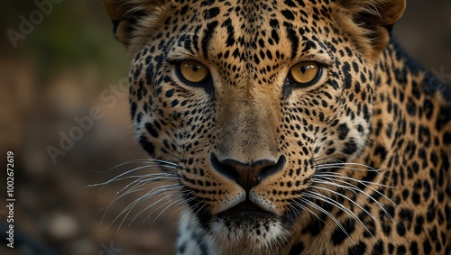 Wild leopard with spots, staring intensely.