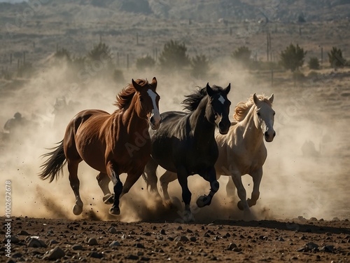 Wild Yilki horses kicking up dust in Kayseri, Turkey. photo