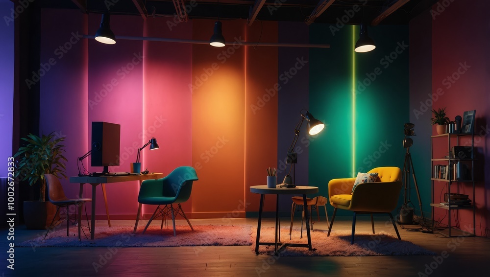 Vibrant and lively studio setup for podcasts with colorful lighting and comfortable seating, creating an energetic vibe Vibrant and lively studio setup for podcasts with colorful lighting and comfortable seating, creating an energetic vibe