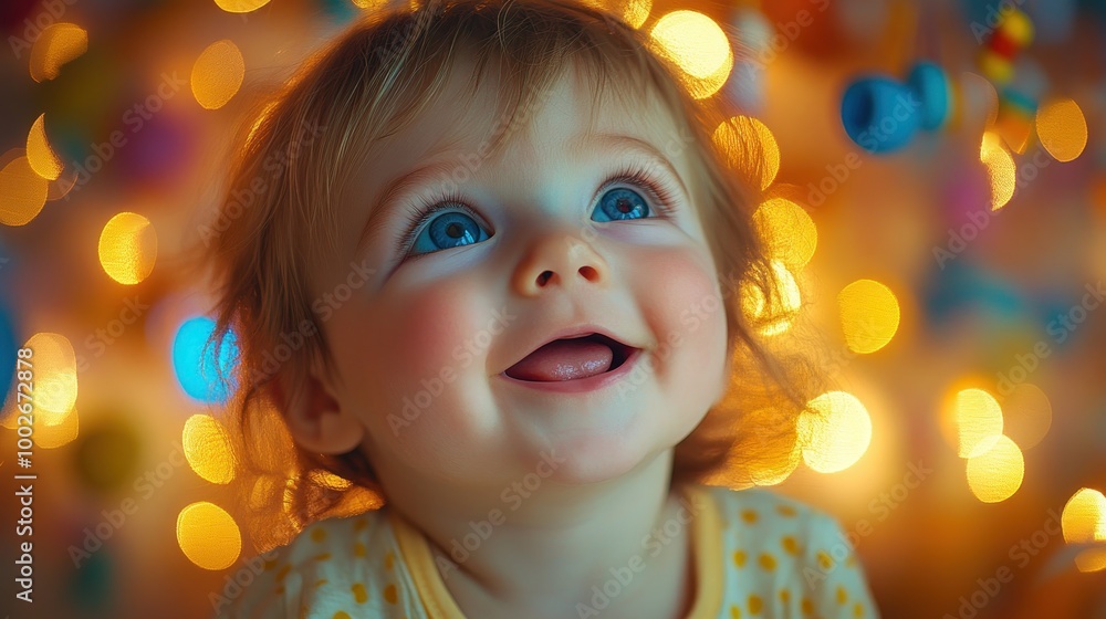 A joyful baby smiles with bright, dreamy lights in the background. A joyful baby smiles with bright, dreamy lights in the background.