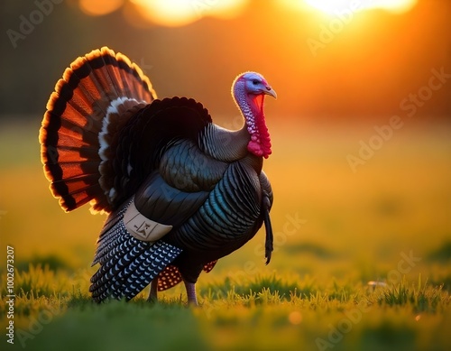 A turkey is standing in a field of grass. The turkey has a large, colorful tail and a long, colorful neck