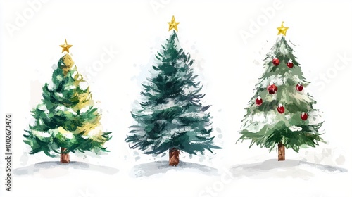 Festive watercolor illustration of three distinct Christmas trees: one adorned with golden ornaments, one undecorated, and one with red baubles and stars.