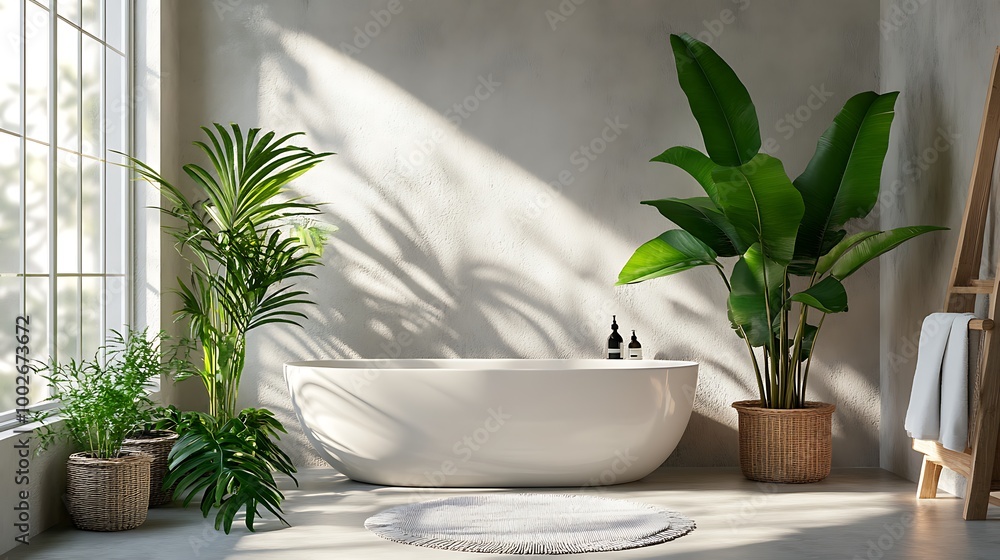 Minimalist Bathroom Interior with Lush Greenery Minimalist Bathroom Interior with Lush Greenery