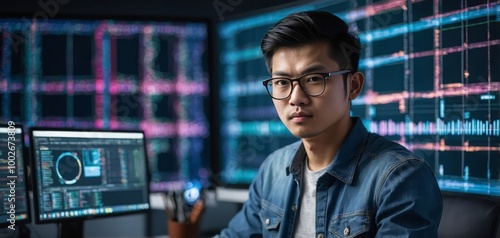 Young Asian IT developer looking online information on pc for beautiful pose with coding program data of website application, wearing jeans shirt. surround by safety analysis two screens